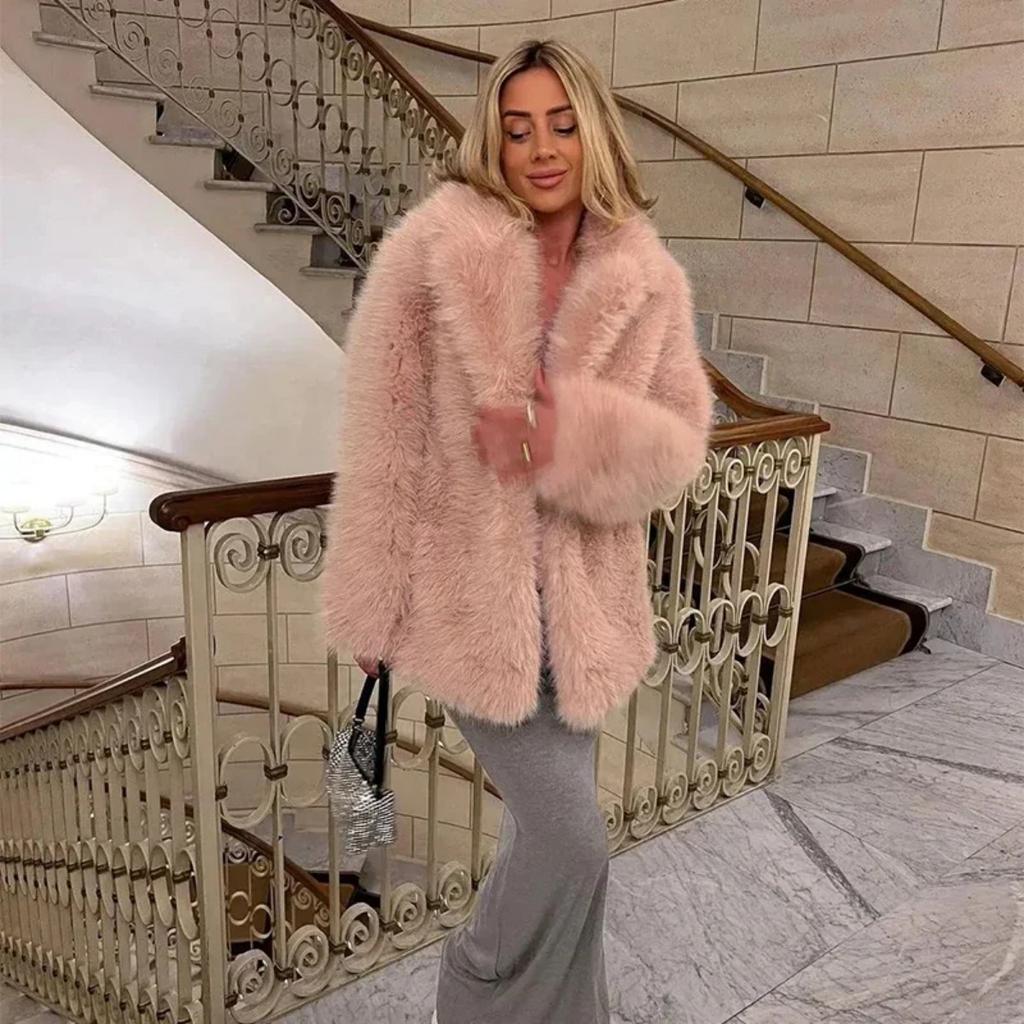 VAYLA Fashion Fluffy Furry Faux Fur Jacket Women Winter Shaggy Overcoats Thick Warm Medium Length Fox Fur Coat Plush Outerwear Femme