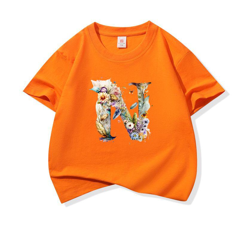Kids Cotton T Shirt Floral Letter N Print Crew Neck Short Sleeve Tee Casual Boys Girls Summer Tops