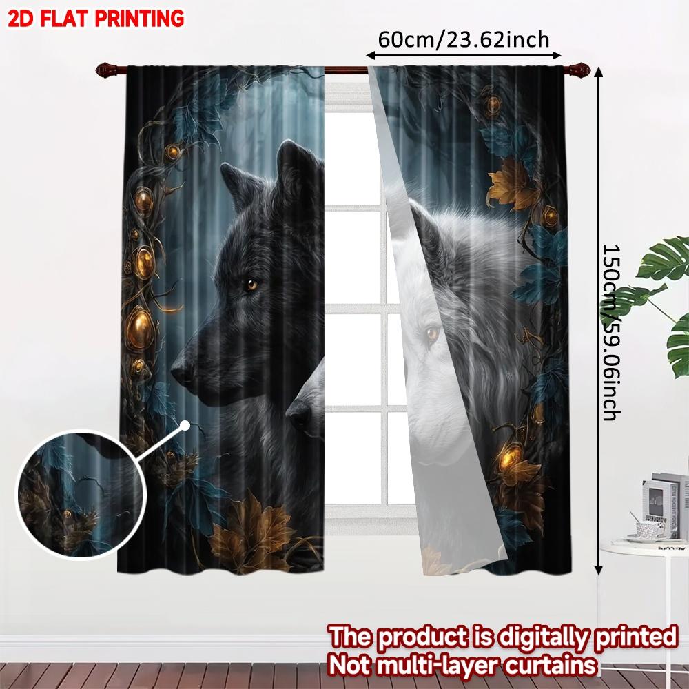 Set Of 2 Mystical Wolf Curtains Flat Digital Print Black White Vines Epic Animal Design Living Room Curtain Polyester Ideal For Area