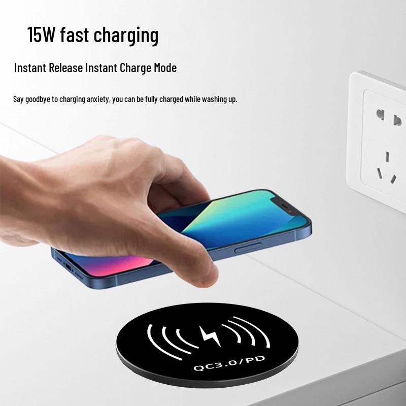 Built-in Wireless Charger Power Strip with Direct Plug-in for Hidden Desktop and Phone
