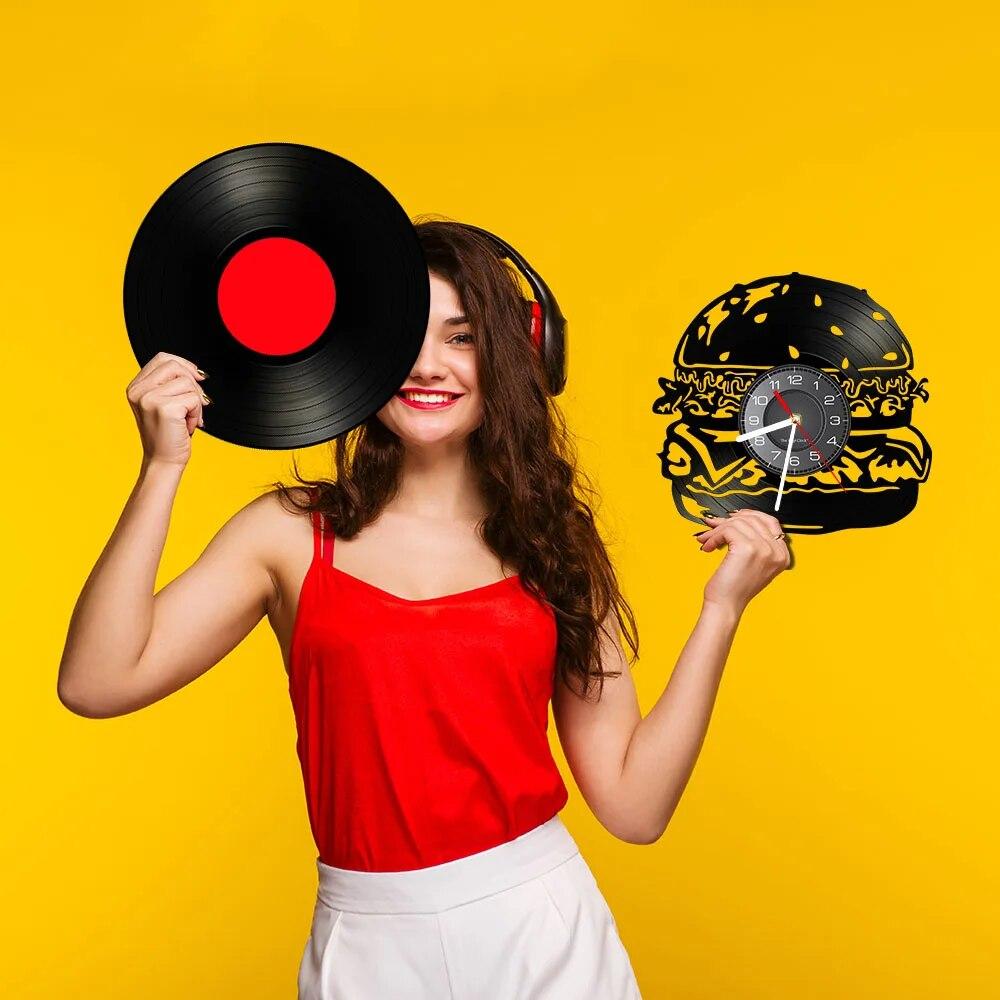 

Виниловые пластинки для гамбургеров, фаст-фуда, настенные часы, вкусная еда, ресторан, бургер, винтажные часы, художественное произведение для столовой, кухонный декор