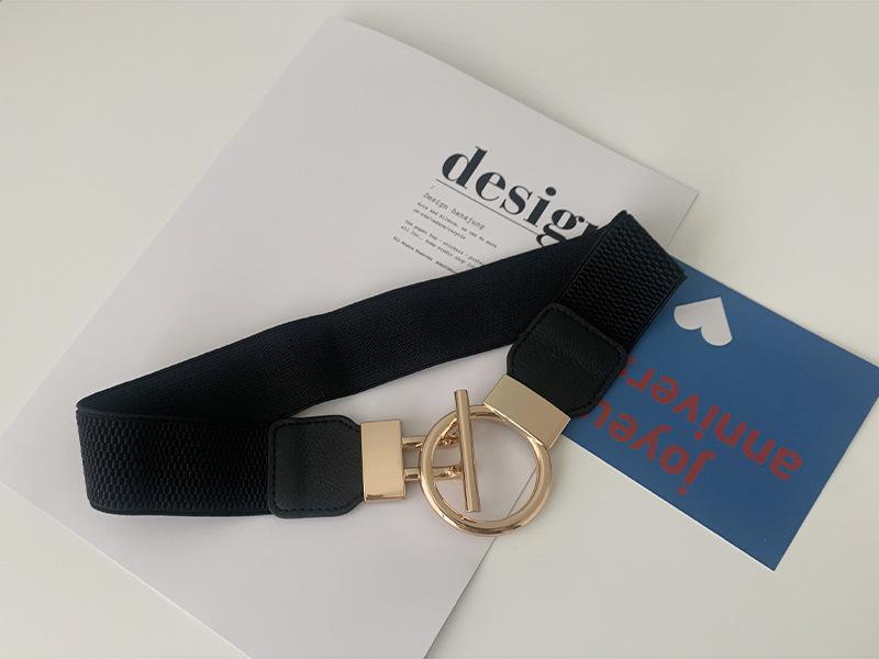 

Waist Trendy Elastic Belt For Women In Black And White With Elegant Round Buckle Metal чорний