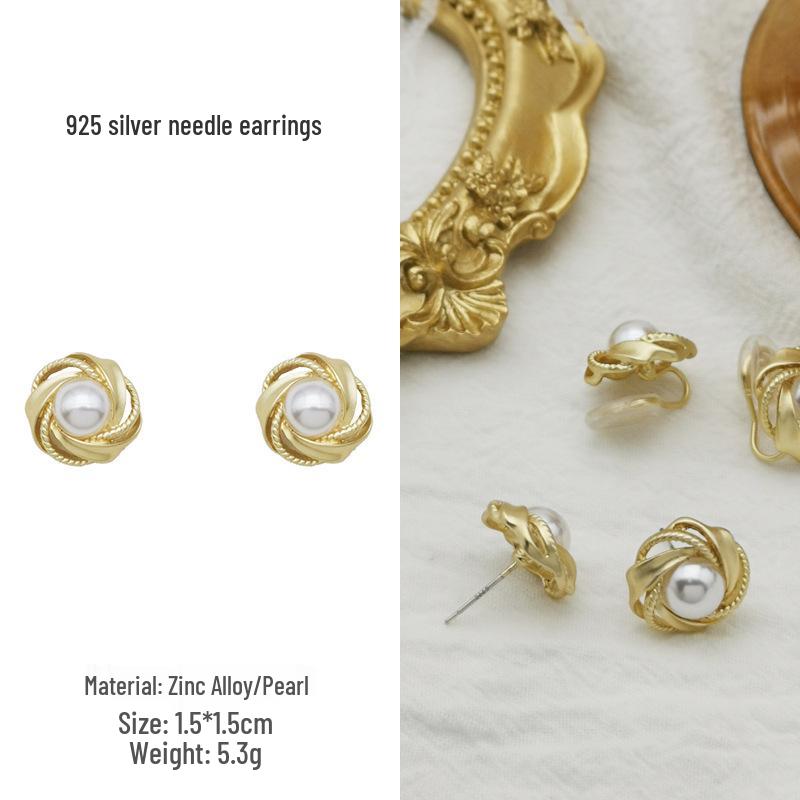 Retro French Pearl Flower Earrings - Painless Clip-On Style for Women