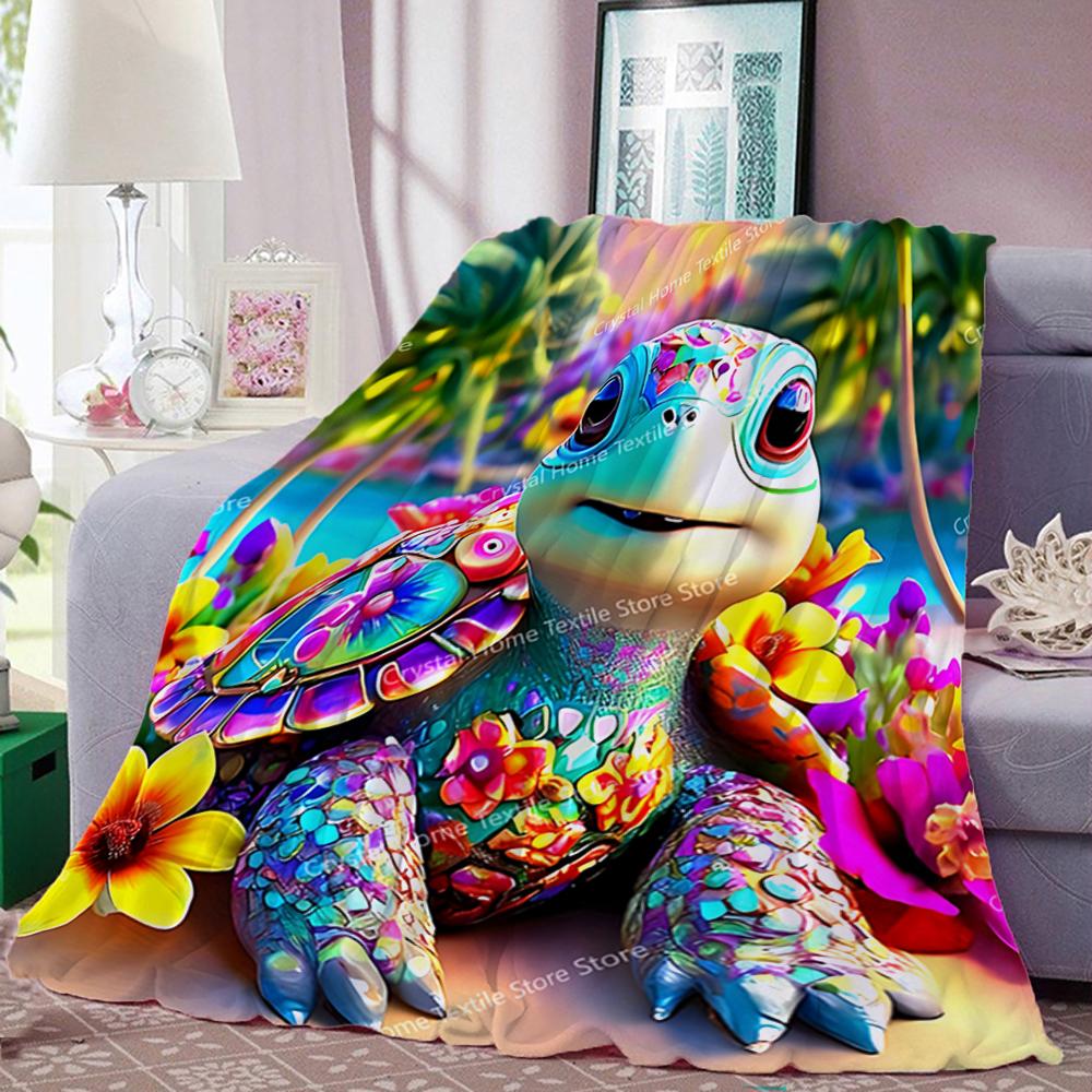 Playful Turtle Floral Design Flannel Blanket,Soft Warm Throw Blanket Nap Blanket For Couch Sofa Office Bed Camping Trave Blanket