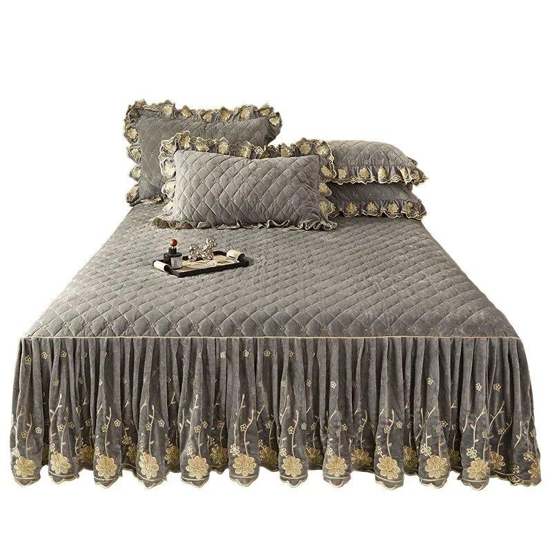 Copriletto trapuntato a fiori ricamato in velluto spesso gonna da letto di lusso morbido con 2 federe per cuscini Queen King Dropshipping