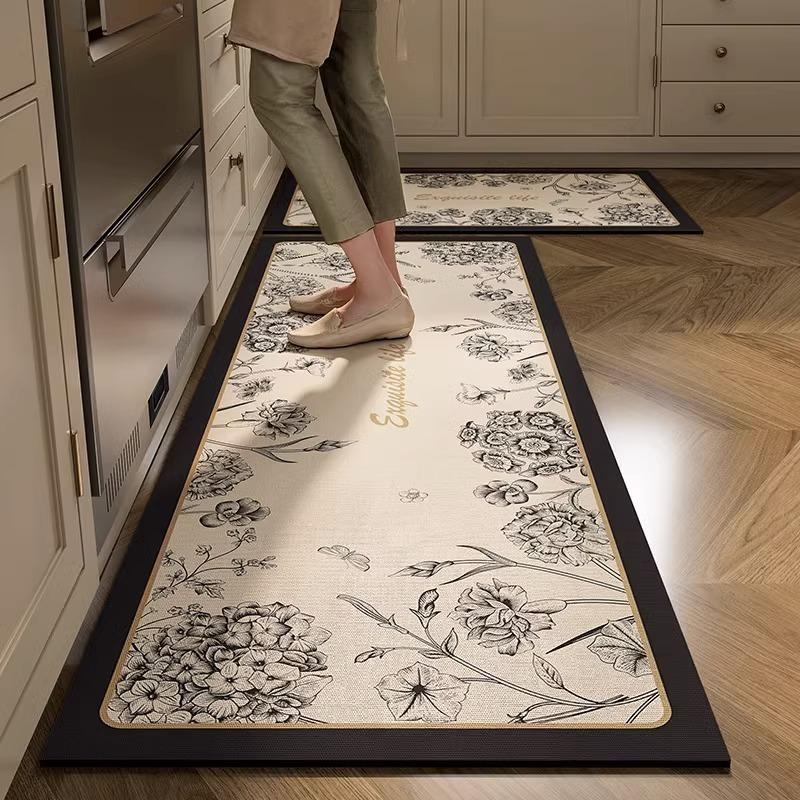 Kitchen Floor Mat Anti-Slip Oil-Proof Erasable Carpet Leather Pvc Waterproof Rug Beige Pattern Texture Home Decor Mats