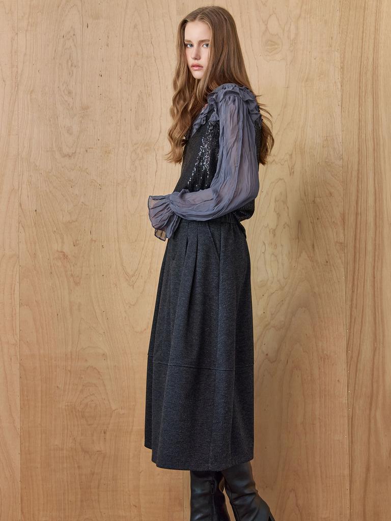 MAXZA Double-Tuck Cut-Line Wool Flare Long Skirt