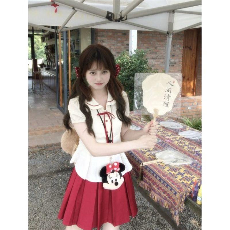 Kumikumi Sweet Style Set Cute Doll Collar Short sleeve Shirts Women Summer Red Pleated Two piece skirt