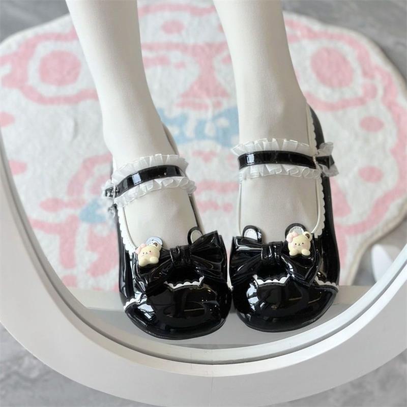 Campus Wind Sweet Pink Lo Shoes Japanese Round Head Single Shoes Women's Bow Summer Cute Cute One-word Buckle Leather Shoes