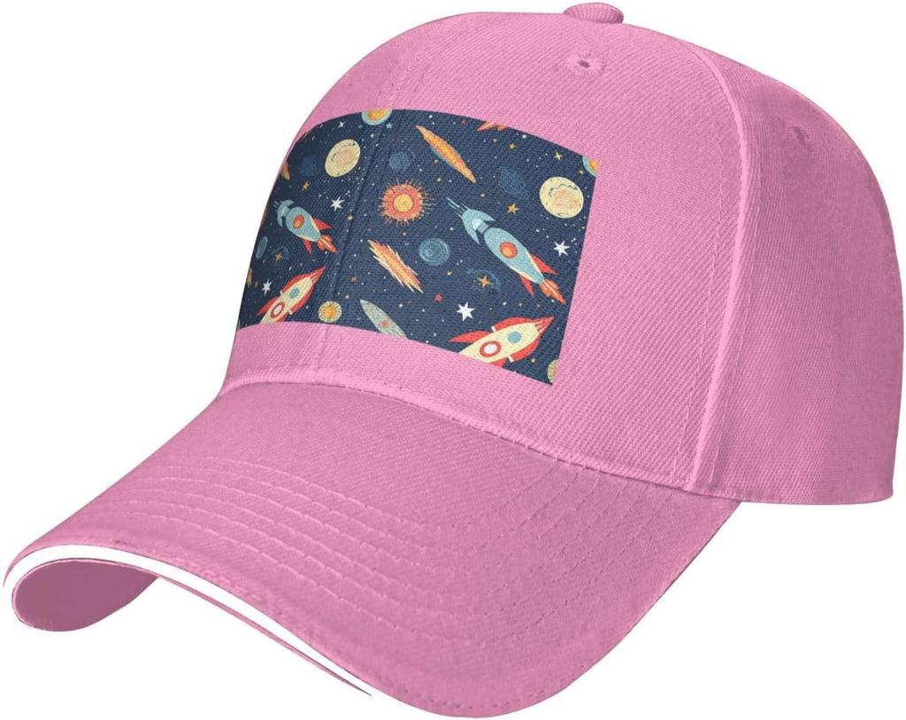 Space Rocket Planet Print Baseball Cap Polyester Casual Adjustable Dad Hat for Adult Unisex