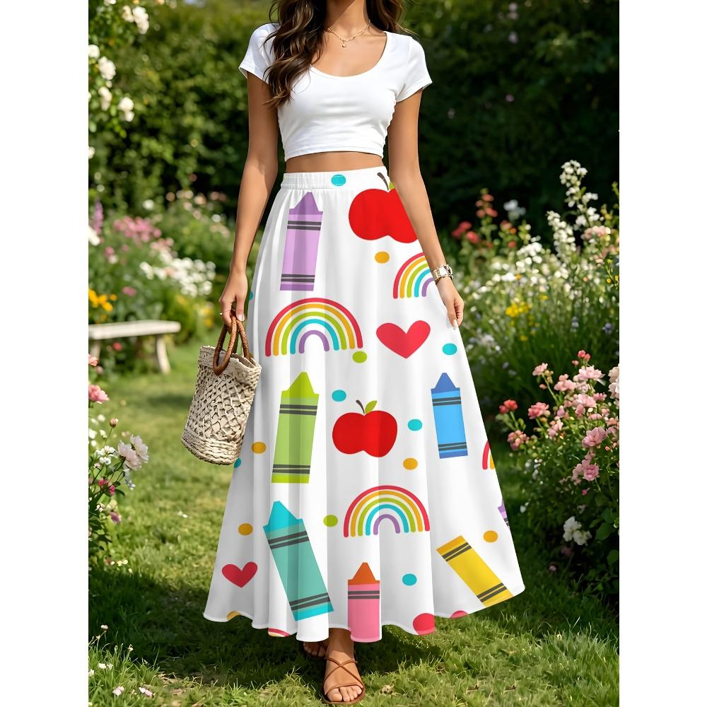 Women's Skirt with Cute Colorful Crayon, Apple Heart, and Rainbow Print