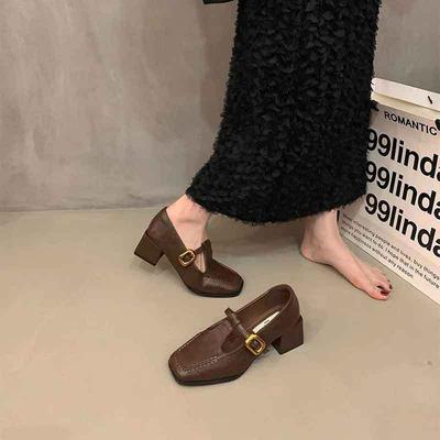 Hot Selling 2025 Strap Leather Shoes Women's French Square Toe Mary Jane Shoes Retro Brown Mid Heels Oxford Shoes Women's Pumps