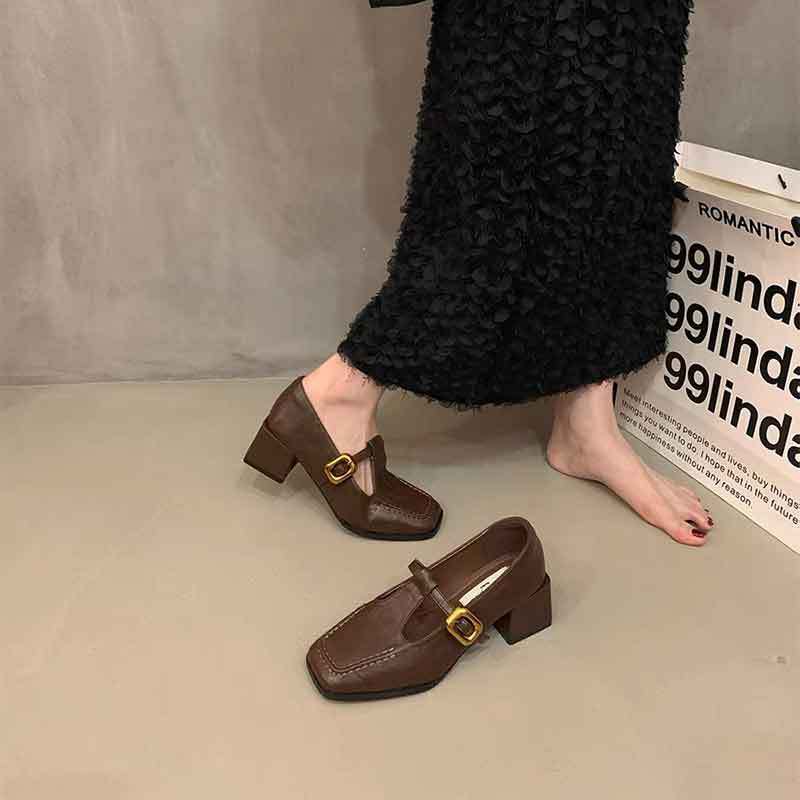 French retro square head thick heel single shoes female spring and autumn new evening wind Korean version fairy high heels Mary Jane small leather sh