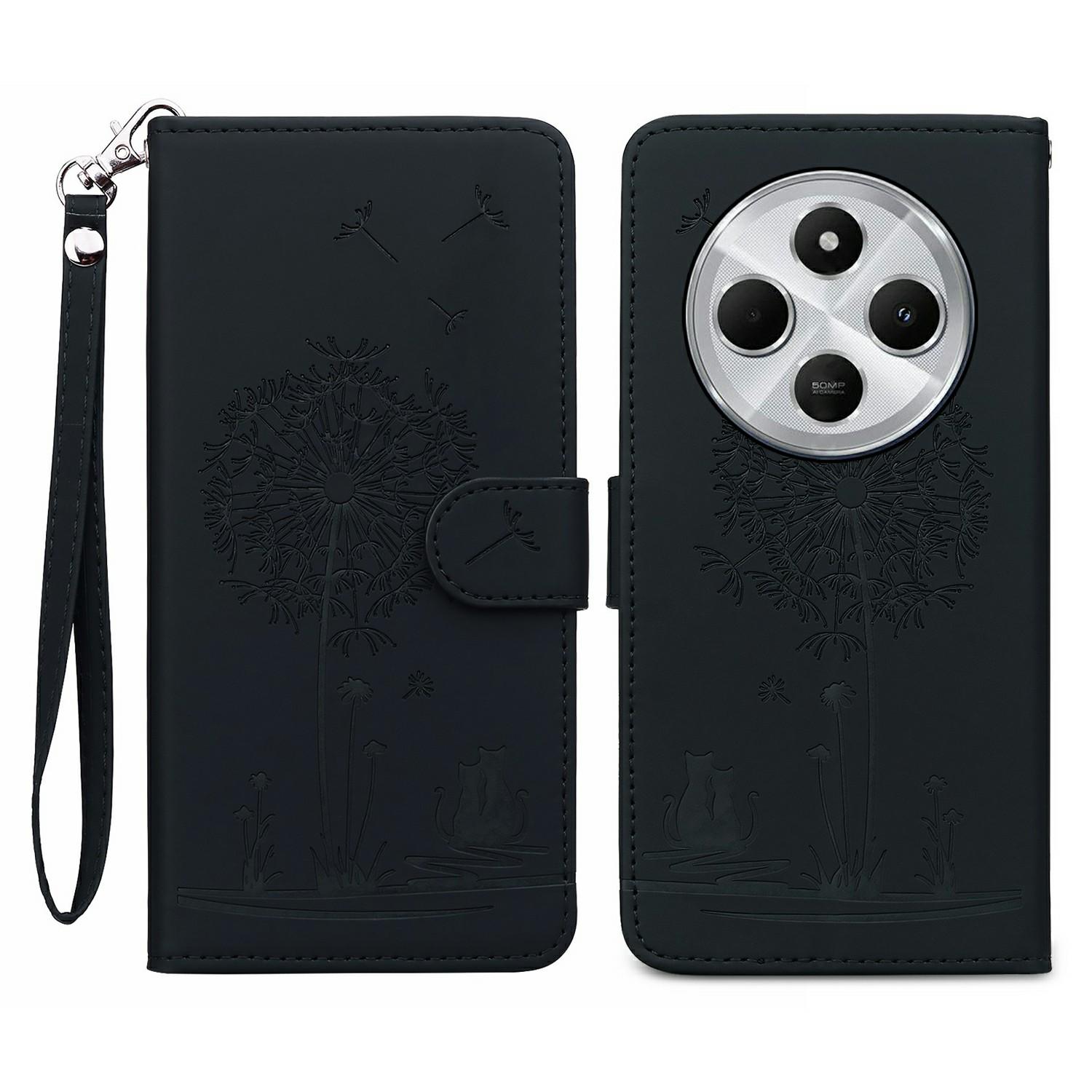 

For Xiaomi Poco C75 4G/Redmi 14R 5G/14C 4G Case Cat Dandelion Imprint PU Leather Wallet Phone Cover with Strap Black