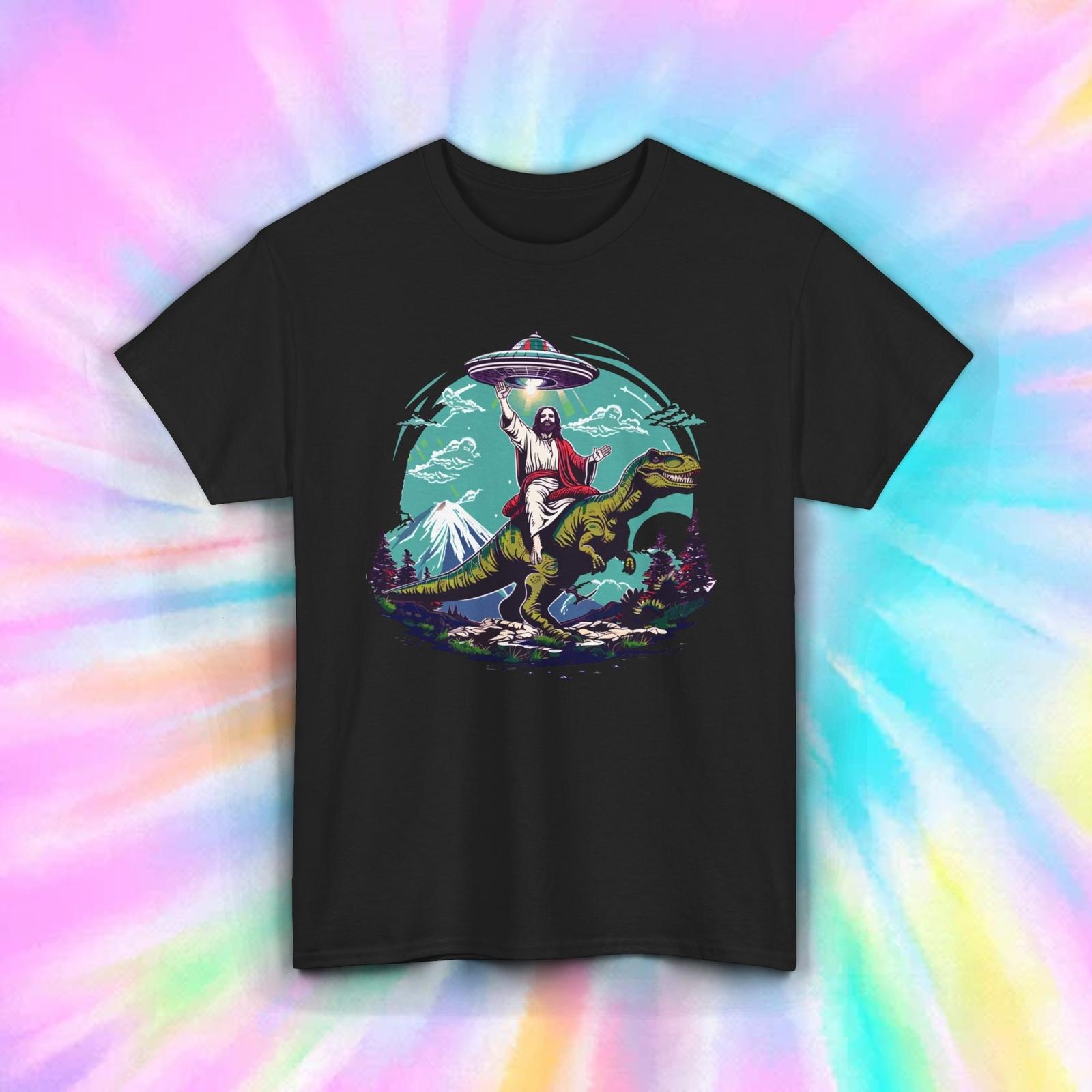 Jesus Riding Dinosaur T-Shirt | UFO Alien Graphic | Funny Sci-Fi Design | S-5XL XXXXL
