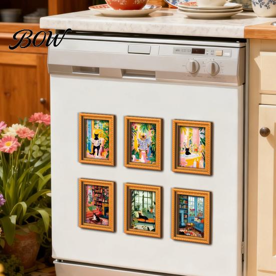 Artistic Wall Decor for Metal Cabinets Cute Cat Magnetic Fridge Magnet, Vintage Wooden Picture Frame, Fun Flexible Frames Desk Scene Cabinets,