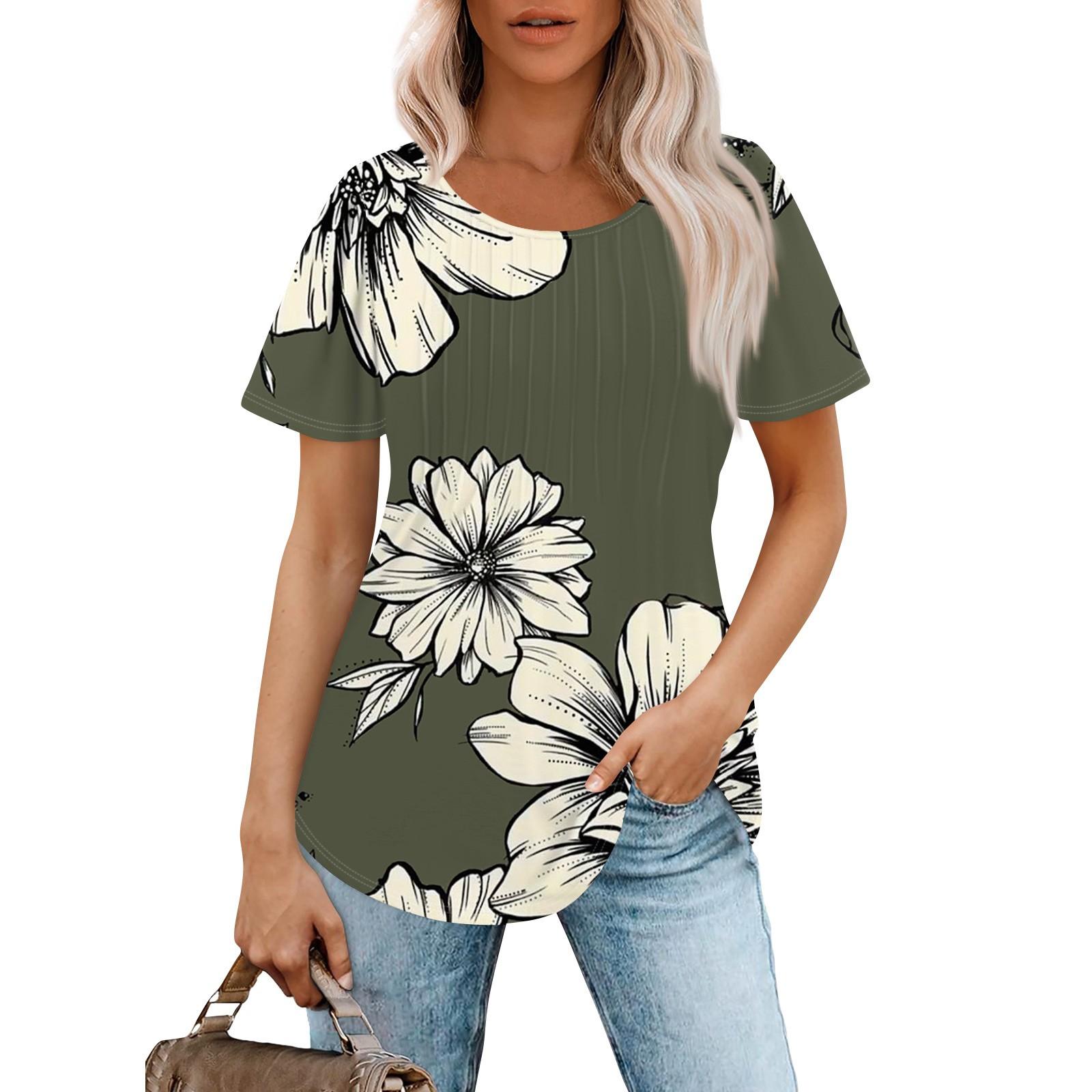 

Женская модная повседневная футболка с короткими рукавами и круглым вырезом с цветочным принтом L армия зеленый