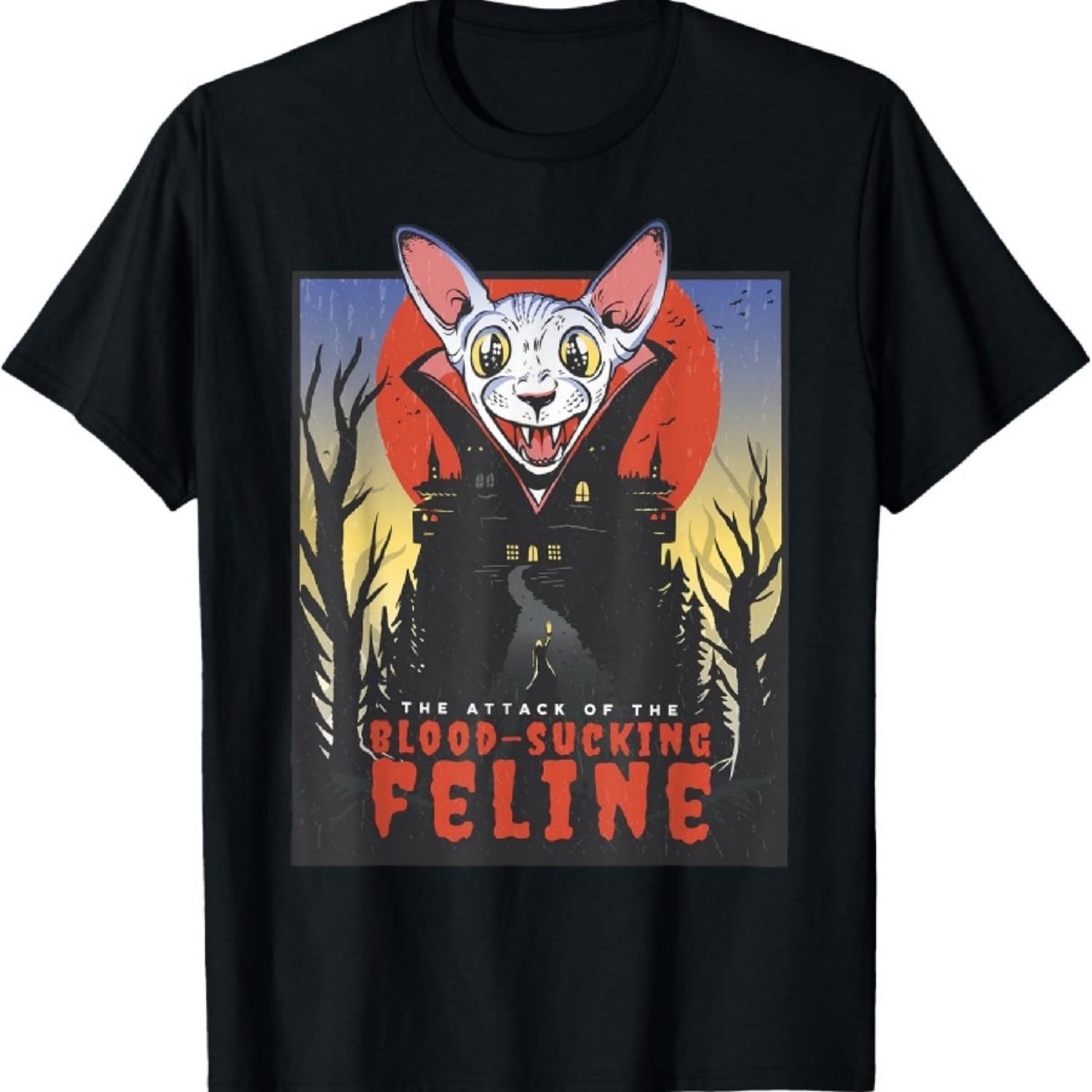 Vampire Cat Dracula Retro Horror Vintage Comic Movie Poster T-Shirt S