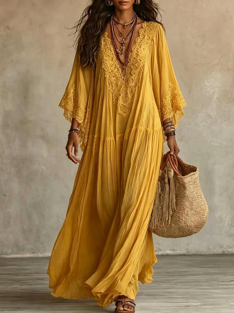Bohemian Lace Patchwork Chiffon Dress - Western Style Hot Item