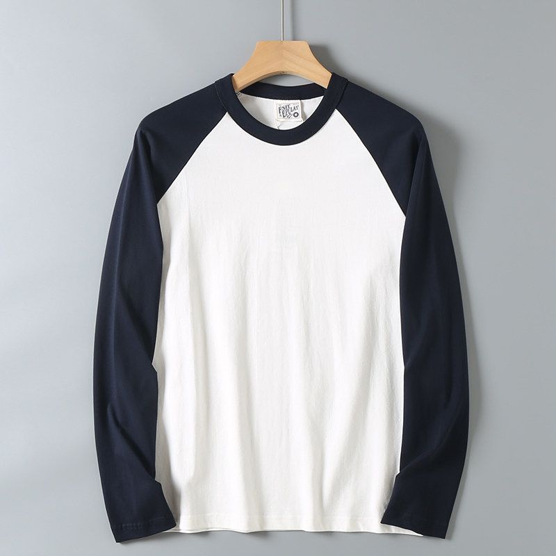 Men's Autumn Round Neck Raglan Long Sleeve T-Shirt, Casual Color-Blocking Pure Cotton Base Shirt, Trendy