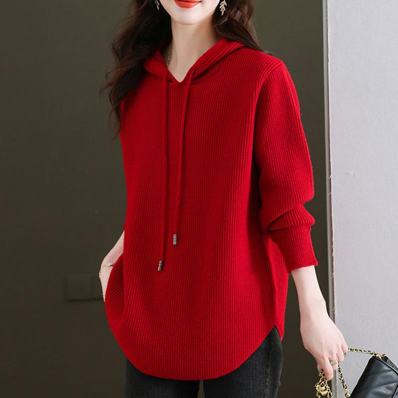 Sweater for Women Autumn Winter Thickened Pullover Warm Knitted Stretchy Long Sleeve Hooded Oversize Jumper Tops