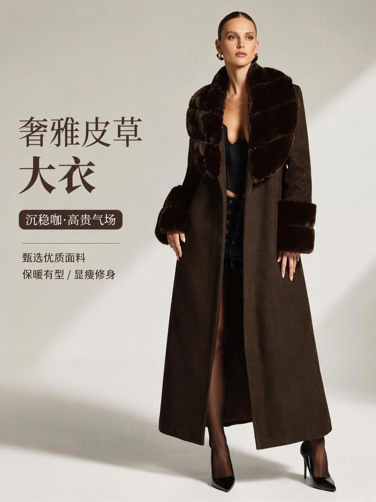 European and American retro woolen coat women's imitation fox hair lapel cuffs splicing light luxury temperament long coat