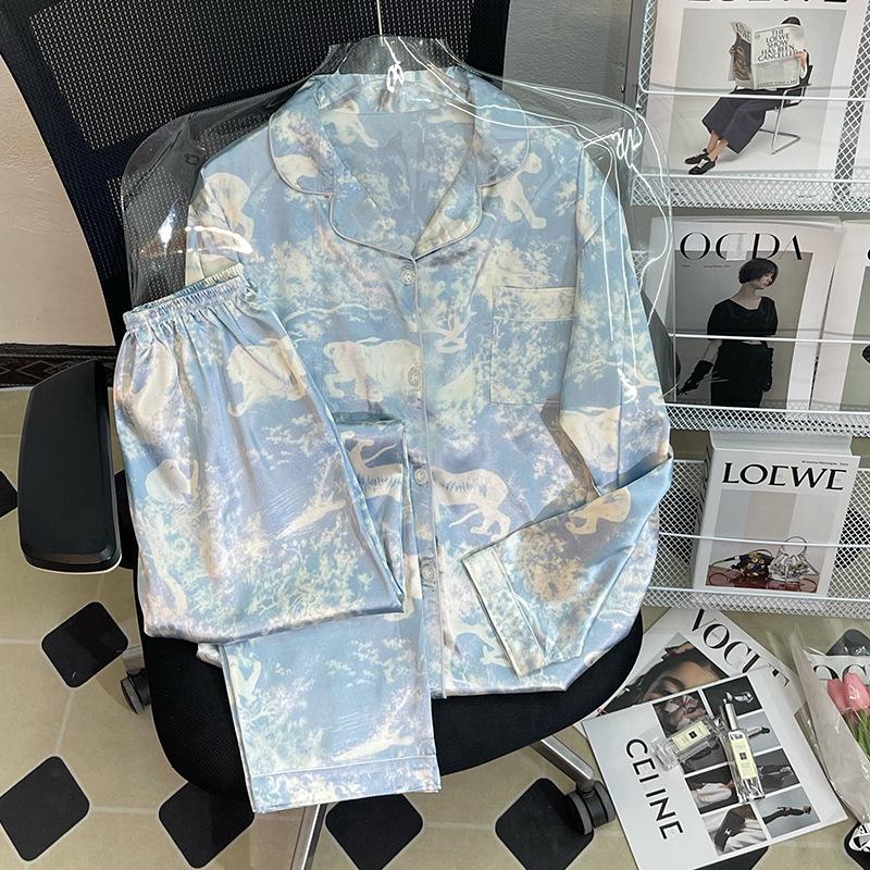 

High-End Ice Silk Pajamas Women S Summer New High-Value Long-Sleeved Loungewear Suit Women S Autumn Can Wear 2XL