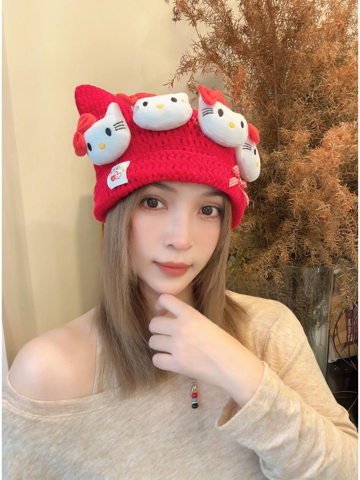

Women s Cute Cartoon Kitten Knitted Hat - Autumn/Winter Stylish, Warm, Versatile Beanie for a Slimmer Face One Size