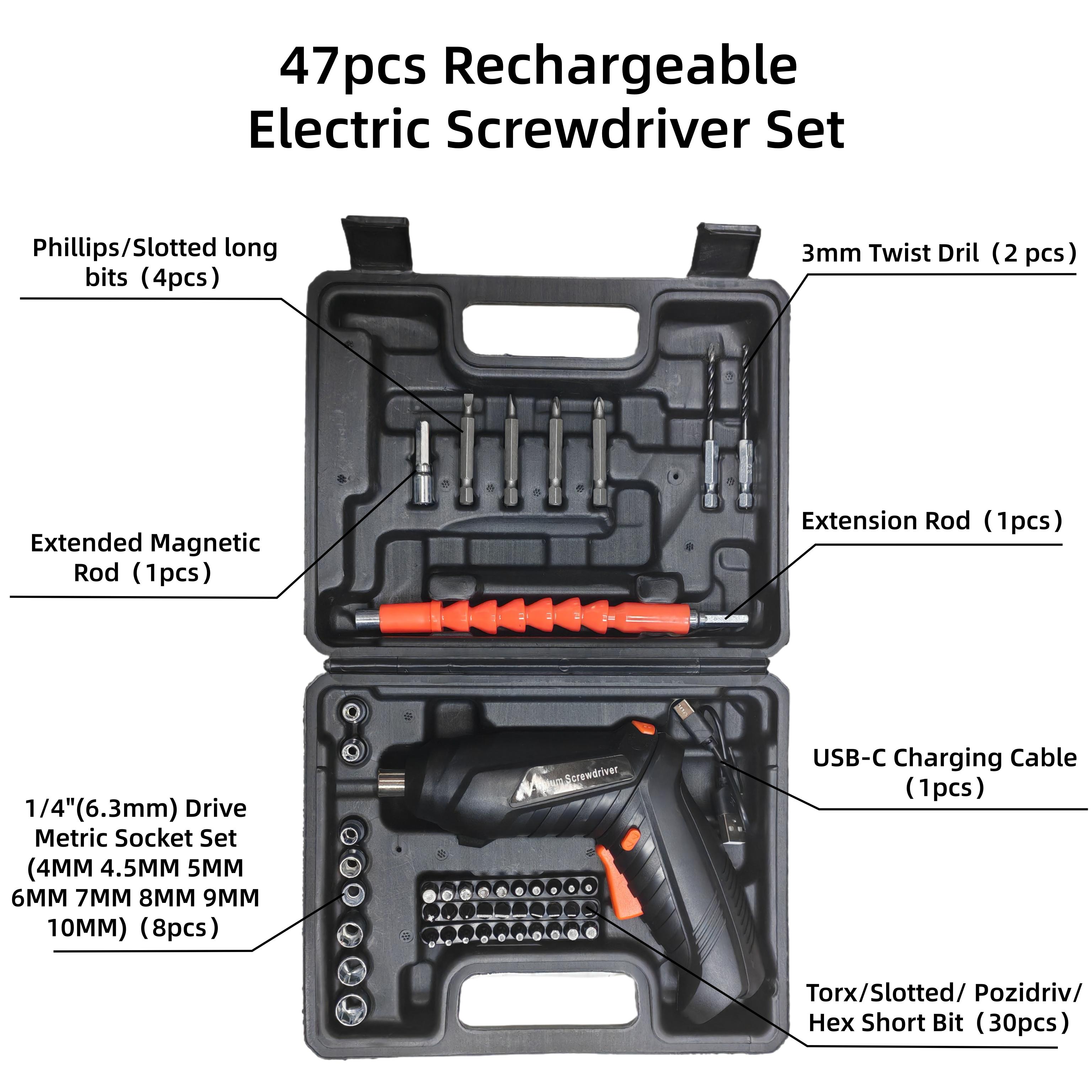 

Набор из 47 предметов аккумуляторной электрической отвертки, зарядный кабель USB, кейс для переноски, бытовой ручной литиевый аккумуляторный набор отверток 47pcs pcs set