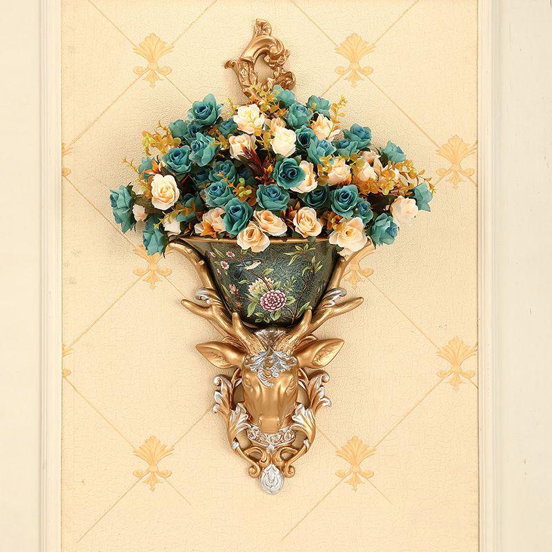 European Resin Deer Head Wall Vase Fake Flower Planter Wall Hanging Ornaments Home Living Room Porch Wall Mural Decor Crafts