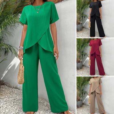 Damen 2-teilige Sets Rundhalsausschnitt Kurzarm Unregelmäßiger Saum Oberteil Und Weite Hosen Sets Sommer Freizeit Lounge Outfits