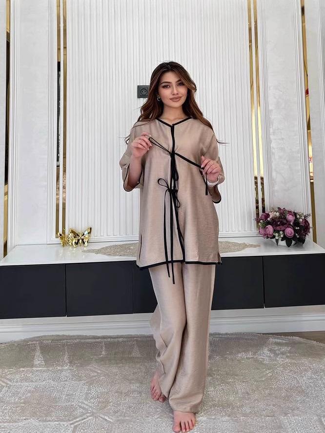 2025 Summer Women's Casual Fashion Set with Tie Design - Solid Color, European & American Style, Muslim-Friendly