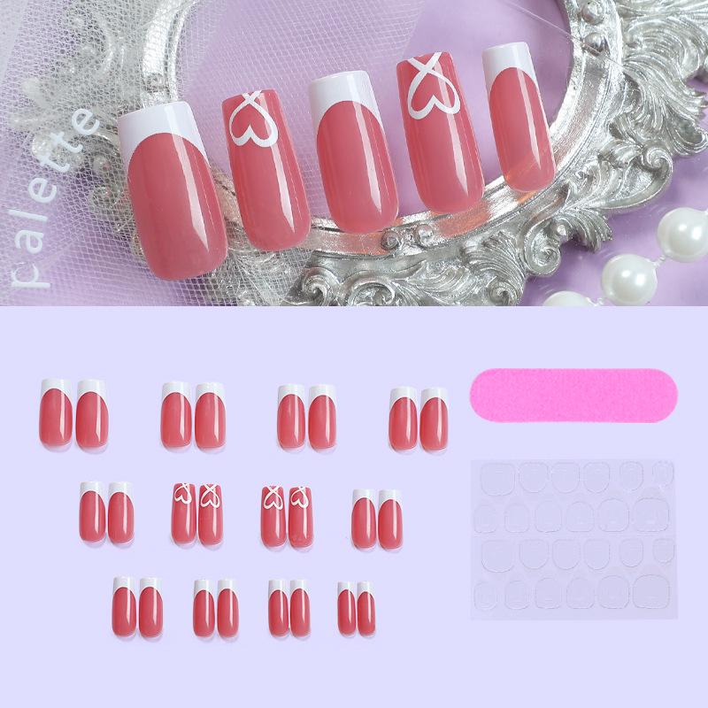 European and American Popular Heart-Shaped Long French Press-On Nails, Handmade Nail Art for Women