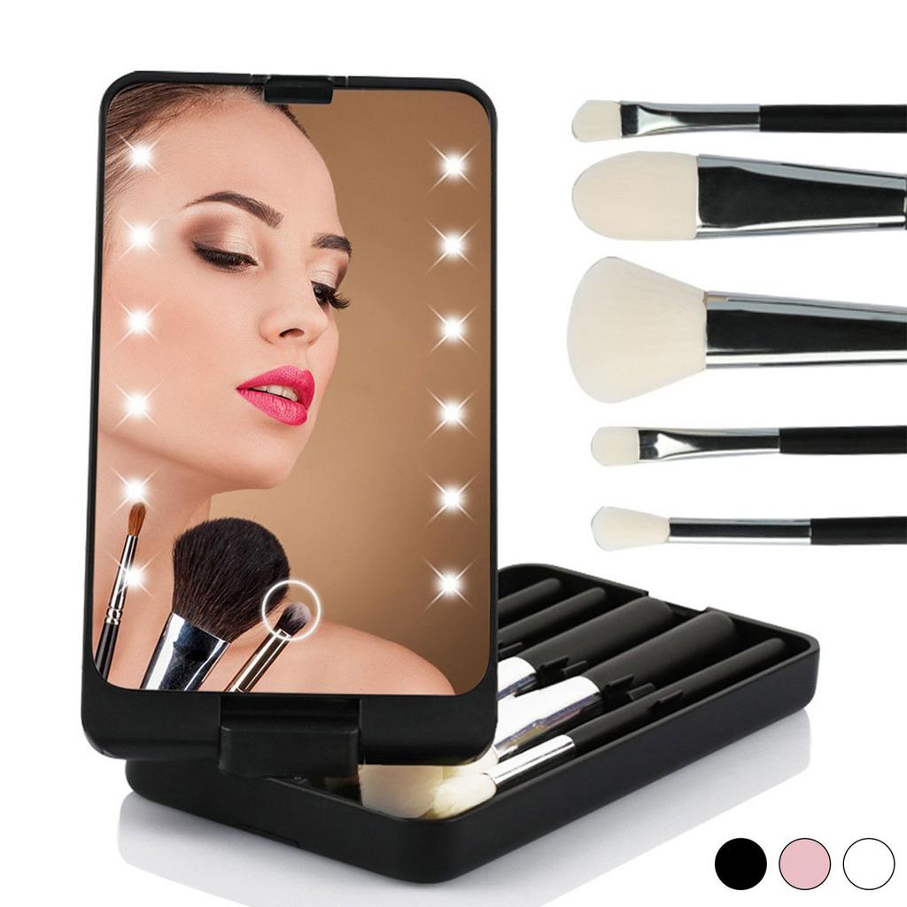 Cestovní sada štětců na make-up s LED zrcátkem, Cestovní sada štětců na make-up, 5dílná sada štětců na make-up s LED zrcátkem v pouzdře, Dobíjecí skládací zrcátko na make-up