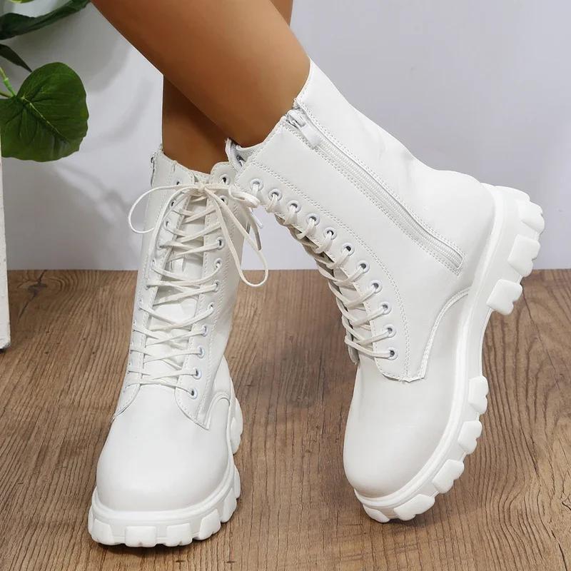Fashion 2025 Boots Women  Autumn Winter PU Leather White Ankle Boots Motorcycle Female Chunky Heels Platform Boots