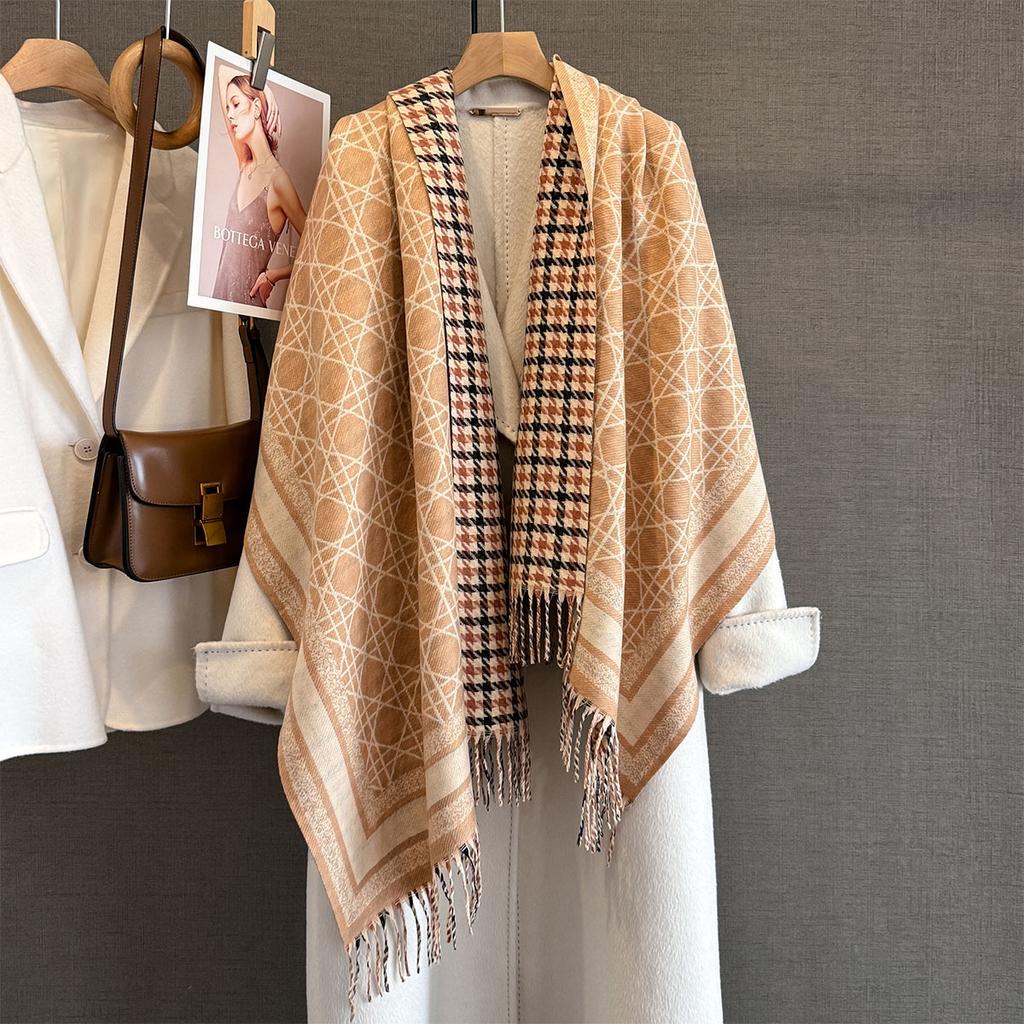 Autumn and winter new geometric thousand bird grid double-sided imitation cashmere scarf women's thickened warm shawl travel photo scarf
