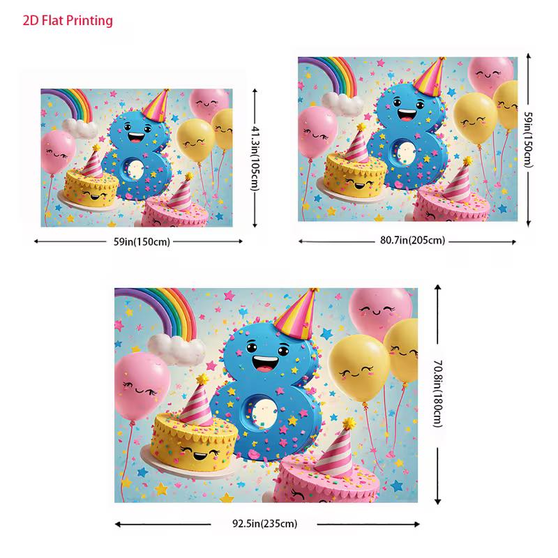 Toile de fond 2D pour 8ème anniversaire pour filles, Mignon Chiffre 8 Dessin Animé avec des Gâteaux Souriants et des Ballons