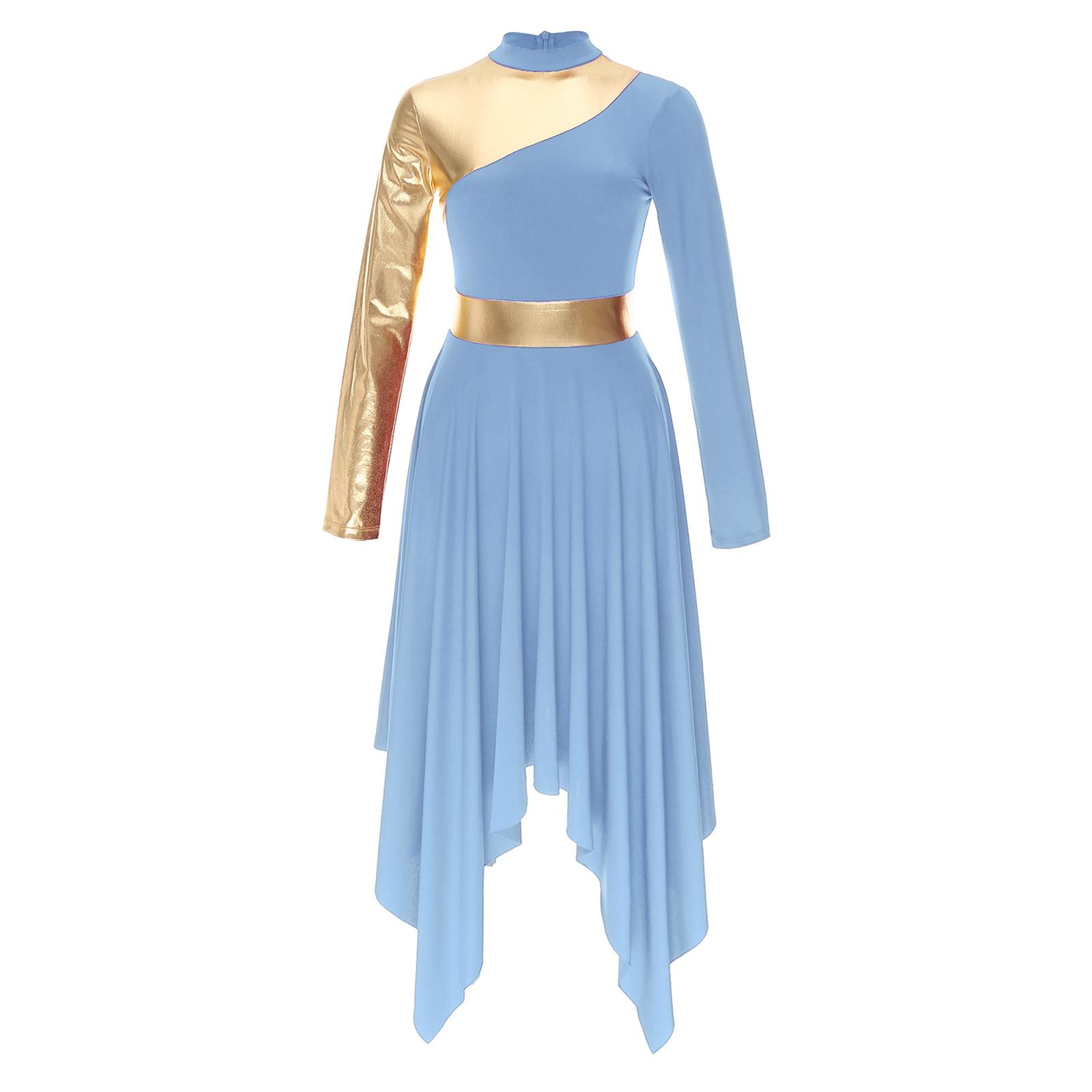 

Womens Contrast Color Dance Dress Long Sleeve Patchwork Design Asymmetrical Hem Performance Costume S світло-синій колір