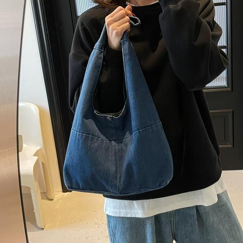 Denim tote 2025 spring new Harajuku solid color canvas retro shoulder messenger bag capacity bucket bag