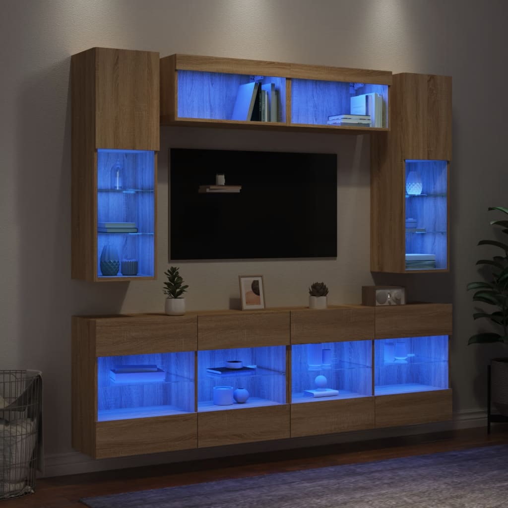 Vidaxl 6-Cz. Wand-TV-Schrank-Set mit LED-Beleuchtung, Sonoma-Eiche