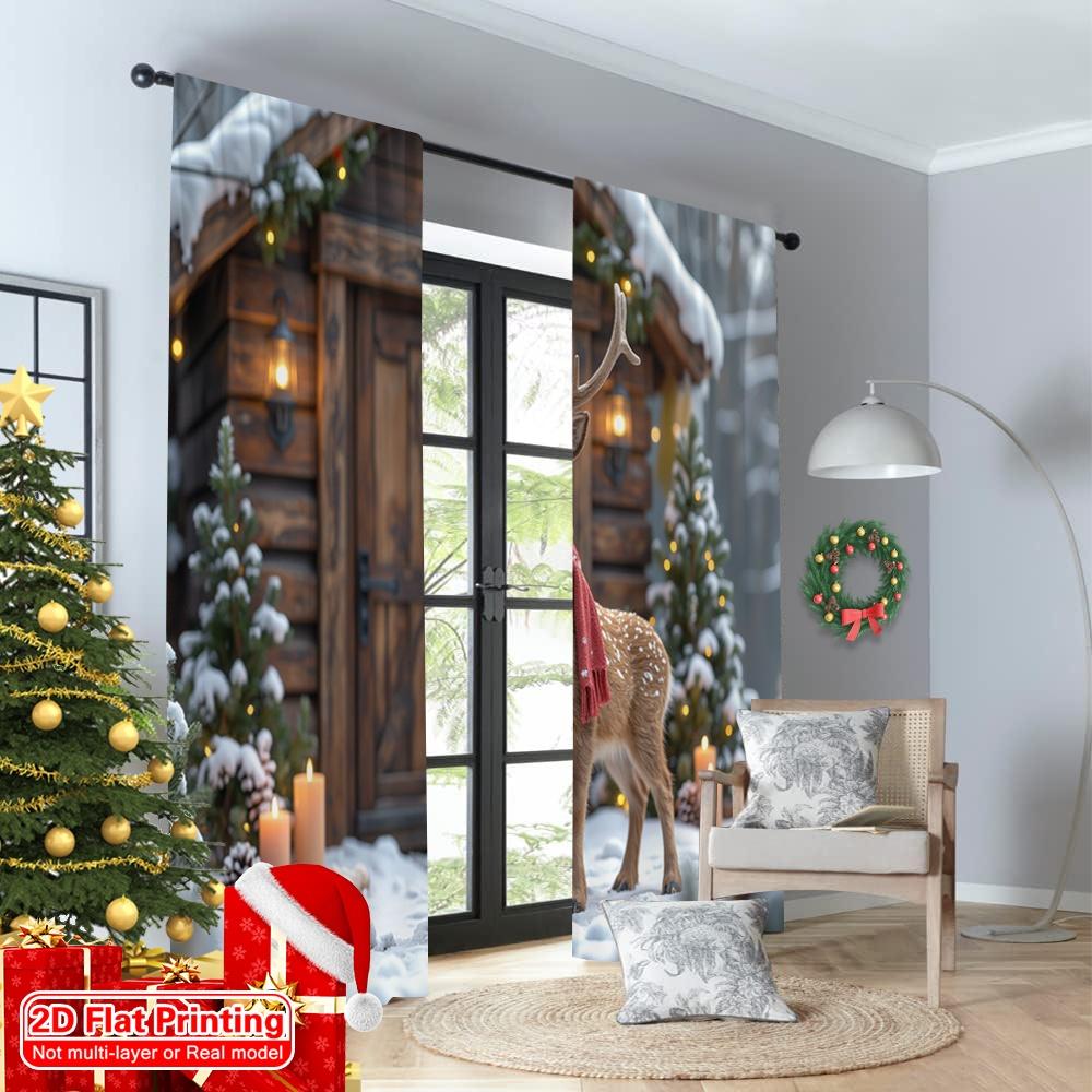 2pcs 2D Flat Printing Merry Christmas Party Curtains Winter Deer Gift Snow Polyester Fabric Without Electricity Festive Wall