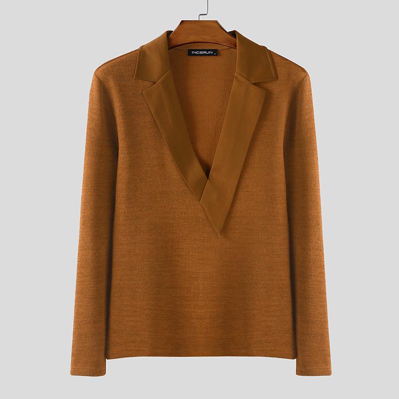 

INCERUN Men V Neck Patchwork Long Sleeve Rib Stretch Pullovers 3XL хаки