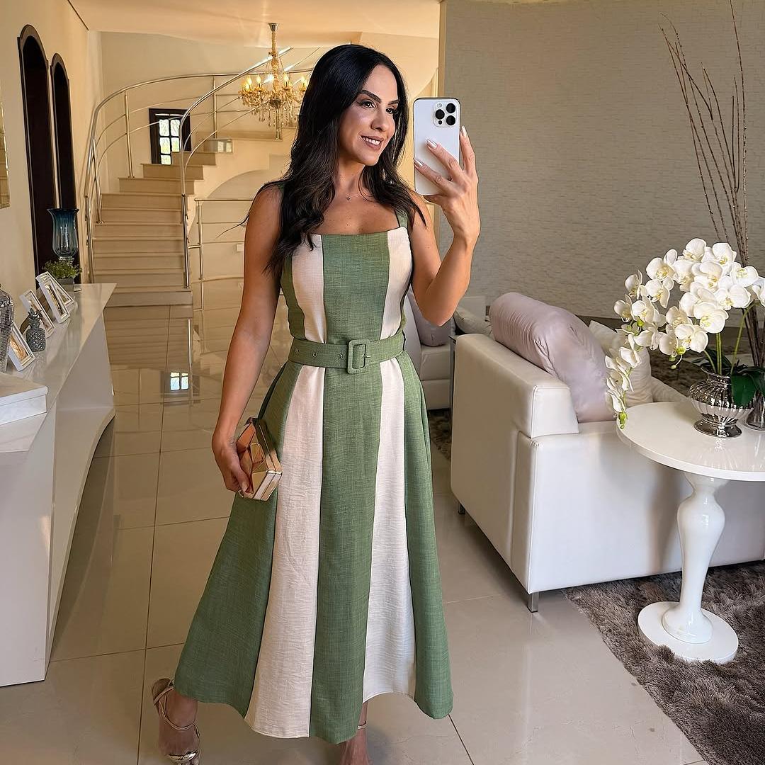

2025 Summer European & American Sleeveless Backless Color Block Belt Long Dress S зелений/смарагдовий