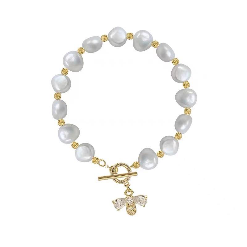 BLINGBY Women's Bracelet Baroque Pearl Bracelet Niche Vintage Style Premium Feeling Bee Pendant Light Luxury Zirconia String Girls Modern Jewelry Gift
