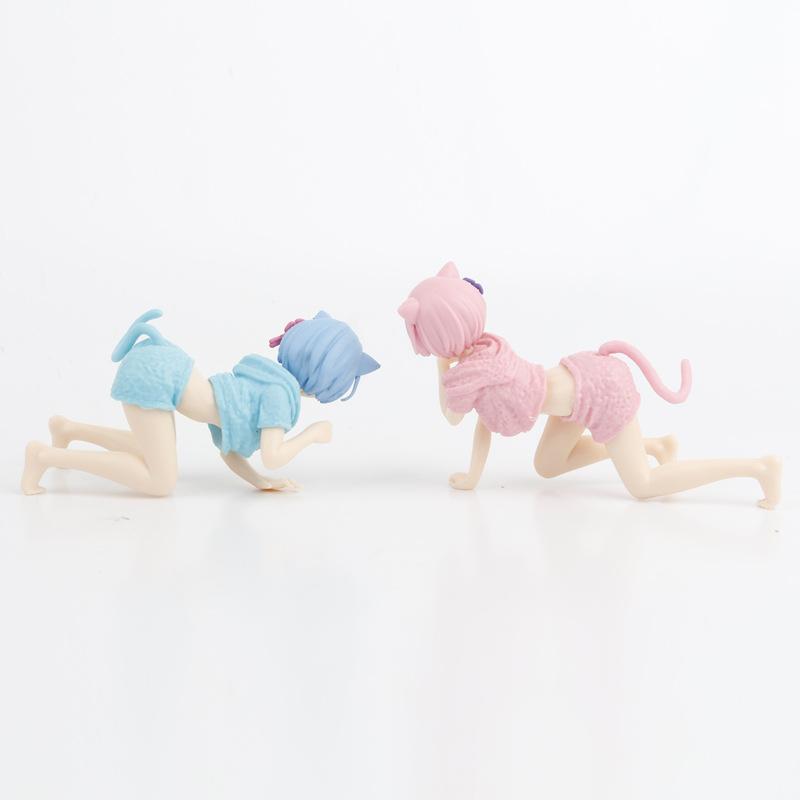 2pcs Anime Re:Life in A Different World From Zero Rem Ram Kawaii Cat Action Figures Model Doll Collection Toy Gift