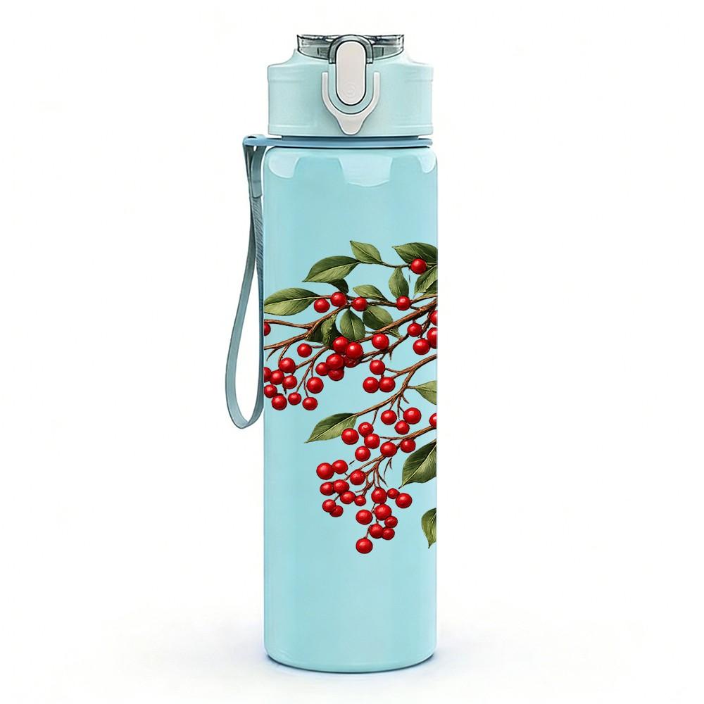 1PC Red Berry Branch Floral Print 750ml Color Plastic Sports Water Bottle Leakproof Flip Straw Lid Suitable for Sports Office Home Use