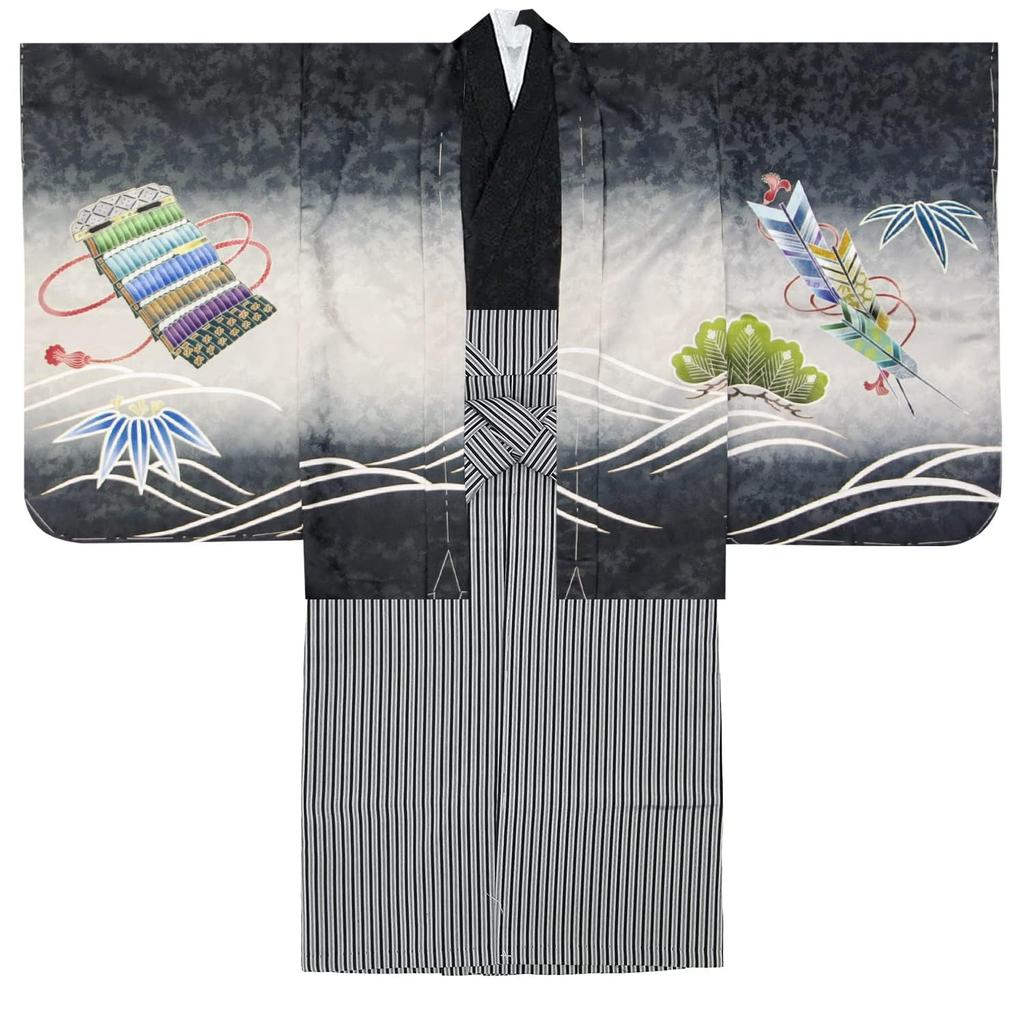 Age Kimono and Hakama Patterned Helmet Black Black [KYOETSU] [Kyouetsu] Boys' Shichi-Go-San (7-5-3) Ceremony, 5, Set, ((13) - + Stripe)