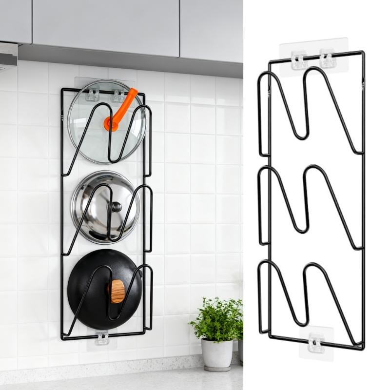 2 Piece Carbon Steel Pot Lid Holder Set Heavy Duty Steel Wall Mount Design Efficient Kitchen Space Utilization Tool