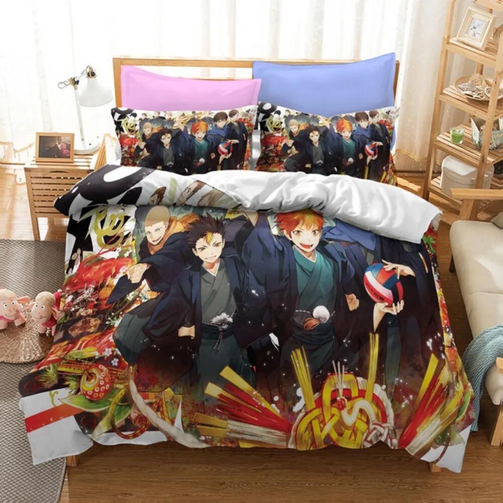 Juego de Cama de Dibujos Animados Anime Haikyuu Estampado 3D Voleibol Chicos Juego de Funda Nórdica Individual Doble Lujo Ropa de Cama para Niños Adolescentes Regalo