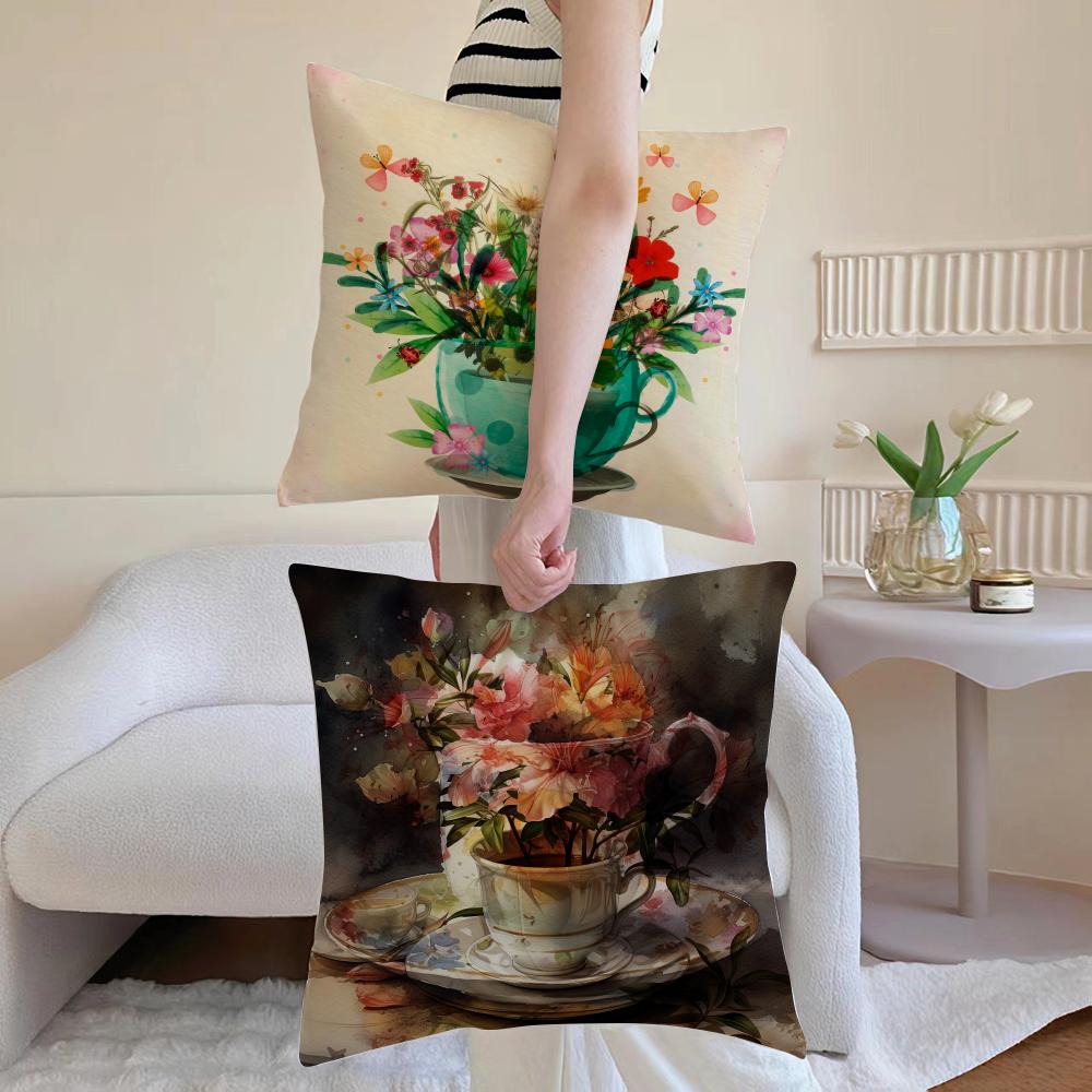 Painting Cup of Flowers Pillow Case Anti-dustmite Pillowcase Invisible Zipper Silky Short Plush Sofa Cushion Cover